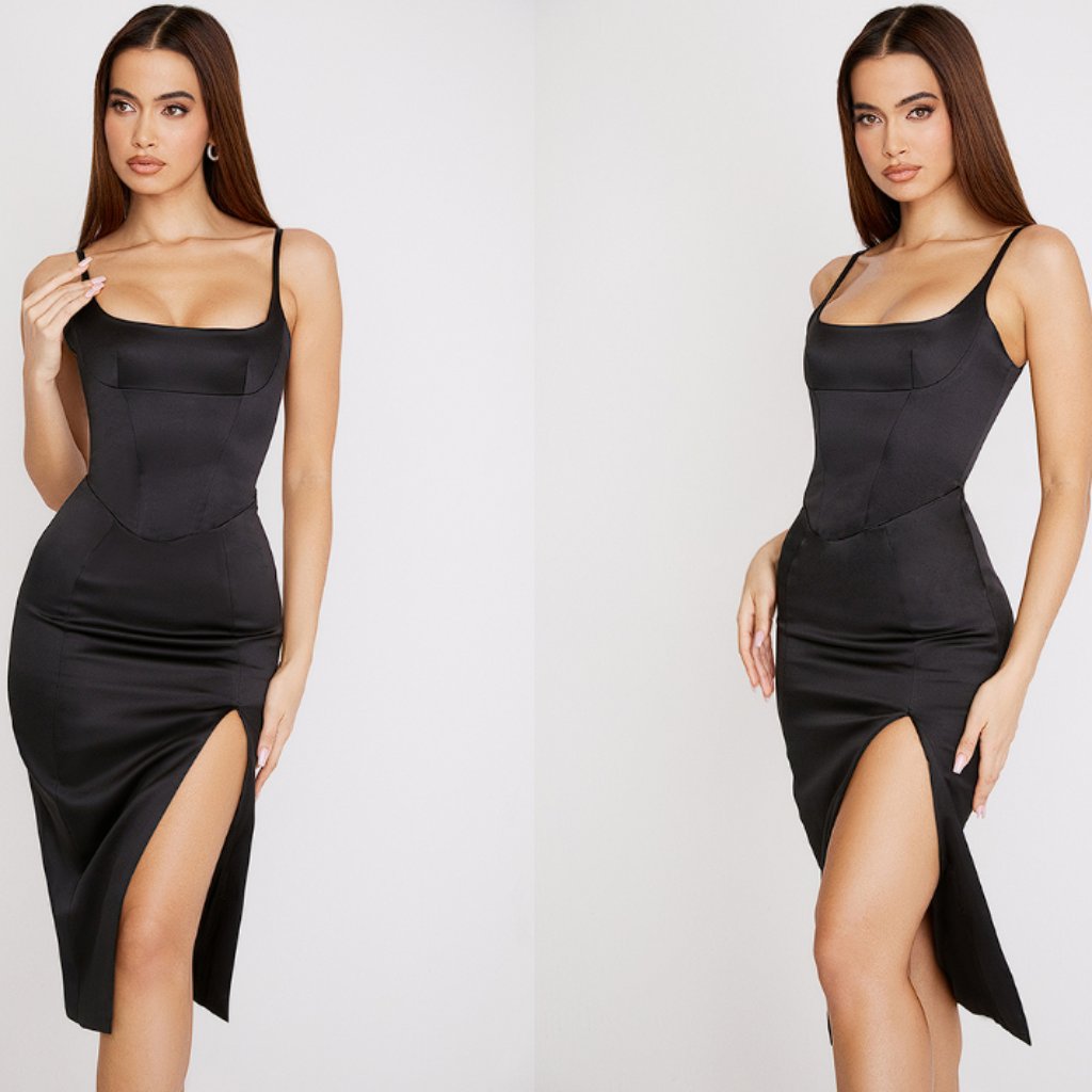 House Of Cb 'Casimira' Black Satin Corset Midi Dress Nwt